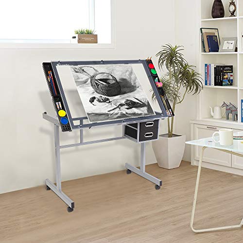 Bonnlo Glass Top Drafting Table, Professional Drawing Desk Art Craft Work Station, Angle