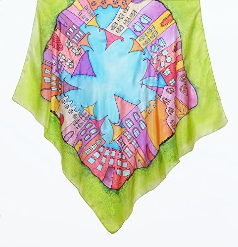 Silk scarf square Hand painted with colorful houses on a blue, green background. One of a kind Gift for architect, women neck accessory