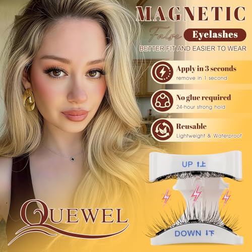 Magnetic False Eyelashes, Natural Reusable Magnetic Eyelashes with Applicator, No Glue Needed QUEWEL Magnetic False Eyelashes Easy to Wear and Remove with Instructions (Style-B-1 Pair)