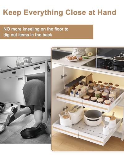 UMDONX 2 Pack Expandable Pull out Cabinet Storage Organizer Kitchen Cupboard Drawers, No Drill Adhesive Pantry Shelf Peel and Stick Sliding Rack(Durable Metal White Load 65LBS)