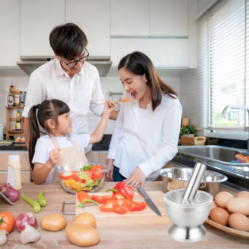 Pilao de Inox com Socador para Cozinha, com Tampa à Prova de Respingos e Base Antiderrapante, Inox 18/10, não Altera o Sabor Dos Alimentos, Perfeito para Geleia, Especiarias e Alho, Fácil de Limpar