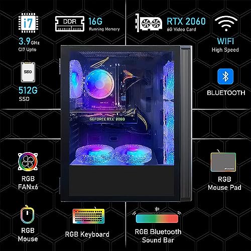 STGAubron Gaming PC Desktop, Intel Core i7 up to 3.9 GHz, GeForce RTX 2060 6G GDDR6, 16G RAM, 512G SSD, WiFi, BT 5.0, RGB Fan x6, Windows 11 Home