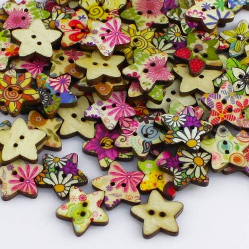 100Pcs Vintage Pentagram Star Shape Flower Print Sewing Mending Wooden Buttons qingsb