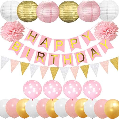 Cebelle Birthday Party Decorations Supplies Favors, Pink for Girls Gold Happy Birthday Banner, 6 Paper Lanterns, 2 Tissue Flowers, 15pcs Bunting Garlands, 16 Balloons Gifts for Kids Women