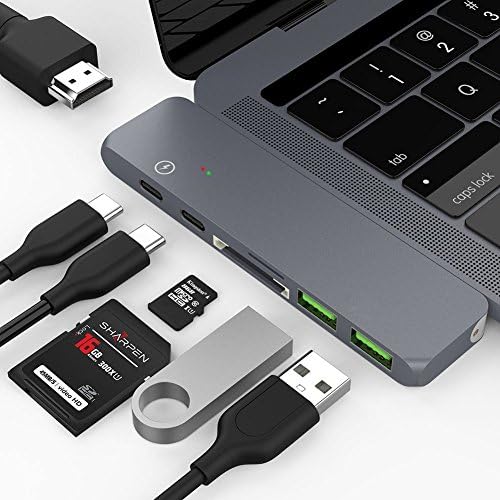 KINSTAR USB C Hub Adapter,7 in 1 Dual Type-C Docking Station Thunderbolt 3 Hub for 2016/2017 MacBook Pro with 100W Power Delivery,USB-C,4K HDMI,2xUSB3.0,SD and MicroSD Card Reader(SPACE GRAY)