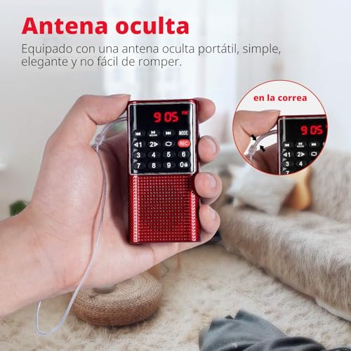 PRUNUS J-328 FM Portable Small Rechargeable Radio with Recorder, Mini Pocket Radio with SD/TF/AUX Music Player, Small Radios for Running, Traveling (Red)