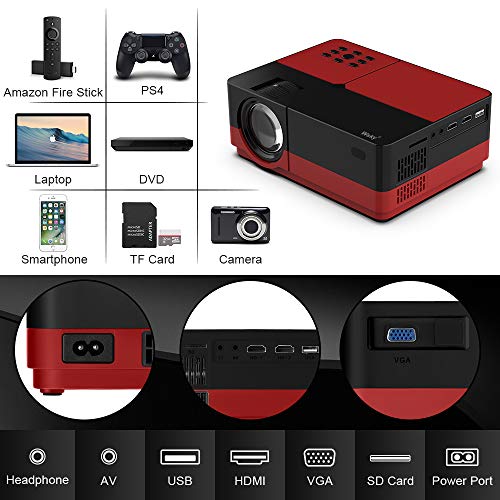 Wsky Portable Home Theater Video Projector - Newest 2019 3000Lux HD Video Projector - Support 1080P 1920x1080 Resolution - Perfect for Watching Movies Home Entertainment or Gift Giving (Red)