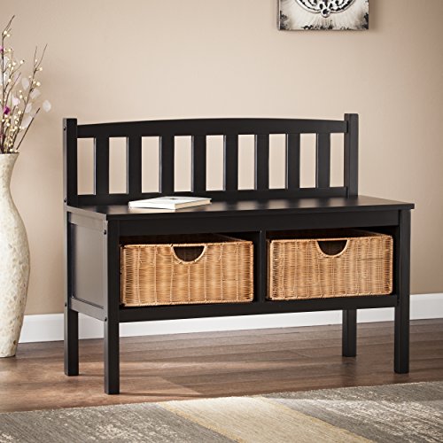 Southern Enterprises Storage Entryway Storage Bench - Underneath Rattan Baskets - Black Finish - Thumbnail 5