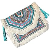 HOUSE OF DISANA Banjara beaded Bohemian Bag India Embroidered Crossbody Bag Envelope Shoulder Bag Tote Handbags, Beach Bag for Vacation, Travel, Banquet Beach with chain (Turquoise)