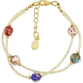 Venice Aurora Murano Glass Bracelet Multicolor Handmade with Italian Sparkling Beads and 24K Gold-Lined Beads. Made in Venice, Italy. Murano Glass Bracelet for Women.