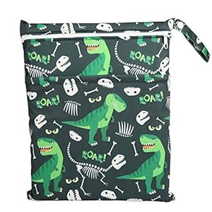 Sigzagor Wet Bag Baby Cloth Diaper Nappy Bag Reusable With Two Zippered Pockets Boys (Green Dinosaur)