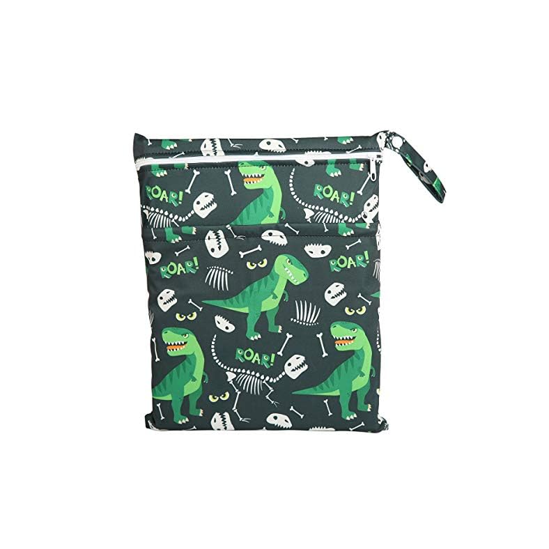 Sigzagor Wet Bag Baby Cloth Diaper Nappy Bag Reusable With Two Zippered Pockets Boys (Green Dinosaur)