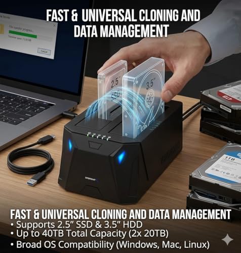 SABRENT 2 Bay Hard Drive Docking Station, Dual SSD HDD 2.5 3.5 inch SATA case Dock, External SSD Enclosure + Power Adapter, Offline cloning, LED Indicator, Tool-Free, USB Cables Included (EC-HD2B)