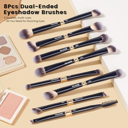 MAANGE Makeup Brushes 16Pcs Professional Foundation Powder Blush Contour Eyeshadows Double-End Makeup Brush Set with Pouch and Gift Box-Black