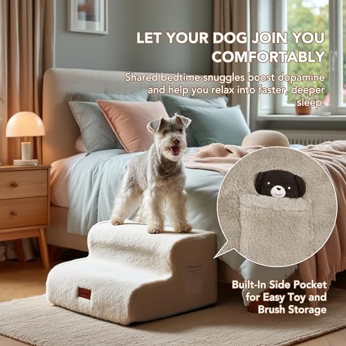 PETNOVO Escalera para Perros de 3 Peldaños para Sofá y Cama, Escalones para Perros Pequeños y Mayores con Felpa Ultrasuave, Base Antideslizante y Funda Lavable, Certificación Oeko-Tex, Beige Crema