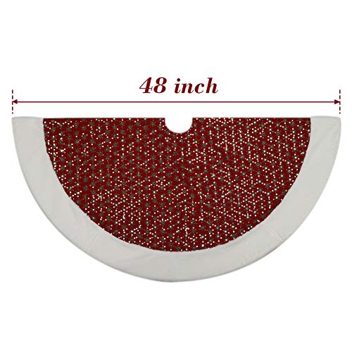 ExcMark 48 inch Red and Gold Christmas Tree Skirt with Faux Fur Border and Sequins