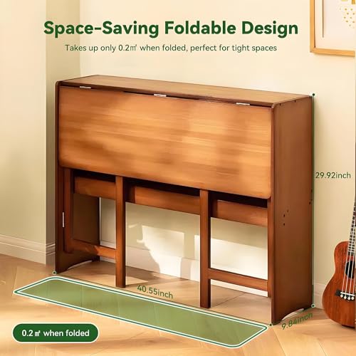 Bamboo Folding Desk Mid Century Modern Desk for Home Office Bedroom Small Spaces, Brown，40.55"/103cm Long Desktop