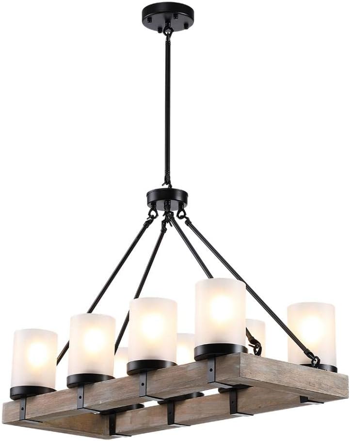 8 Light Wood Kitchen Island Lighting Rectangular Farmhouse Chandelier for Dining Rooms, Restaurant, Cafe, Bar Counter