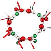 NewZenro Christmas Bracelets Green Red Color Jingle Bell Crutch Beaded Silver Plated Ball Charm Stretch Belastic Bracelet for Women Xmas Holiday Party Gift Daughter Fashion Jewelry 6.7"