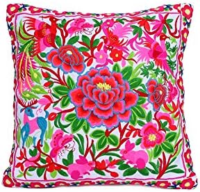 ETHNIC LANNA White Garden Flower Embroidered Cushion Cover from Hmong Hill Tribes in Thailand Handmade with Love