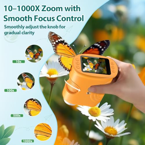 PINREK Kids Microscope 1000X Digital, Handheld Adventure Microscope for Kids, Pocket Microscope Video Record with 32G Memory Card, Portable Magnifying Glass Miniscope, Great Gift for Boys Girls