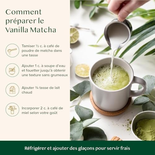 Poudre de Matcha à la Vanille 100g-50 Tasses | Matcha Uji & Vanille de Madagascar | 100% Naturel | Thé Vert Japonais Premium | Pour Latte & Thé