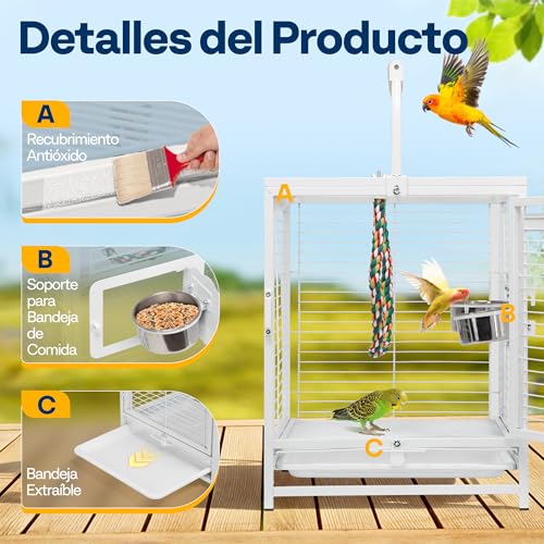 VIVOHOME 48cm Portable Wrought Iron Bird Cage with 2 Feeders, Colorful Rope Perch and Removable Tray, for Parrots, Conures, Parrots, Cockatiels, Budgies, White