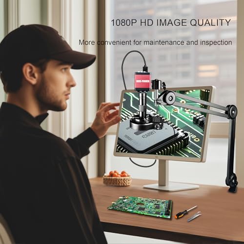 NICE-POWER Microscopio Digital, 13MP 1080P HDMI Tipo-C/USB Cámara Microscópica de Vídeo Industrial para Microscopios, Objetivo con Montura C y Zoom 150X, Soporte Plegable, Luz LED