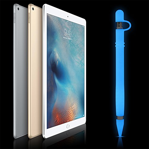 Silicone Case for Apple Pencil Holder Sleeve Skin Pocket Cover Accessories for iPad Pro, Glow in The Dark, Soft Silicone Grip Pouch with Charging Cap Holder and 2 Protective Nib Covers(Glow Blue)