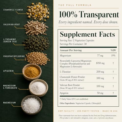 Magnesium L-Threonate with Apigenin, Valerian Root & L-Theanine – No Melatonin Restful Sleep & Brain Supplement – Clinically Studied 7-Ingredient Formula – Memory & Focus – 60 Capsules
