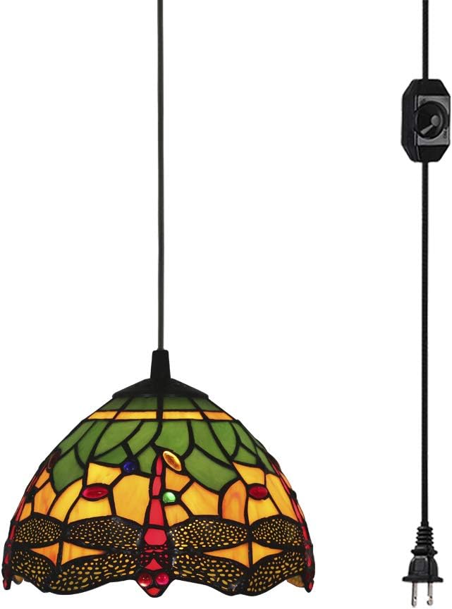 STGLIGHTING 15ft Plug-in Swag Pendant Lighting UL Dimmer Switch Cord with Iron Chain Tiffany Colorful Handmade Glass Shade Antique Chandelier Decorative Pendant Light Bulb Not Included TB0454 - - 