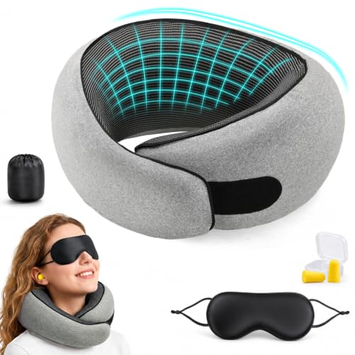 Memory Foam Travel Neck Pillow, Ergonomic Cervical Support Pillow, Removable Washable Cover Neck Pillow for Airplane Car Road Trip Office Naps Camping (Light Grey)