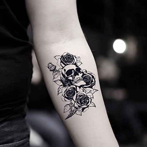 Skull and Rose Temporary Fake Tattoo Sticker (Set of 2) - TOODTATTOO.COM