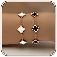 HAITTY 18K Gold Plated Clover Bracelet Set for Women White/Black/Gold/Silver/Green/Pink Adjustable Link Double-Sided Lucky Bracelets Trendy Bracelets Set Jewelry Gifts for Women Men