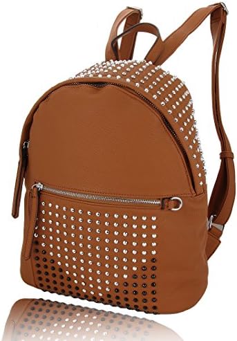 Womens Trendy Fashion Vieta 15" Inch Tan Pebble Faux Leather Chrome Black Studded Backpack Shoulder Bag + Leather Sunglass Case