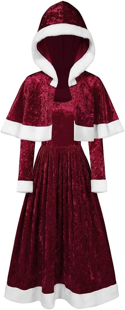 Women Christmas Santa Costumes Mrs Clause Costume Outfit Dress Funny Cosplay Party Velvet Dress with Gothic Hooded Shrug