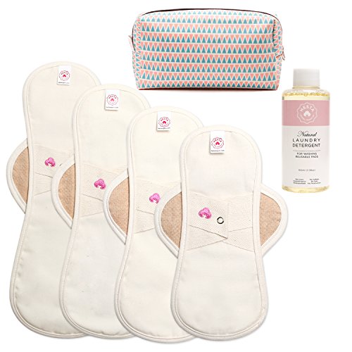 Hesta FDA Registered Organic Reusable Cloth Natural Sanitary/Menstrual Pads,Starter Value Kits PMS Relief (4Pads/Brown/Pouch/Detergent)
