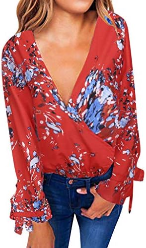 KUDICO Women's Floral Print V Neck Long Sleeve Shirts Casual Loose Drawstring Blouses Tops