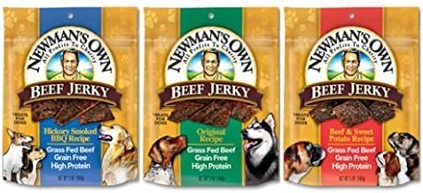 Newman's Own Grain Free Grass Fed Beef Jerky Dog Treats 3 Flavor Variety Bundle: (1) Original Recipe, (1) Hickory Smoked BBQ Recipe, and (1) Beef & Sweet Potato Recipe, 5 Oz. Ea. (3 Bags Total)