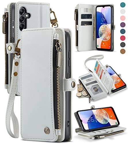 Defencase Compatible with Galaxy A14 5G Case Wallet with Card Holder for Women Men, PU Leather Magnetic Snap Flip Zipper Strap Wallet Phone Case Fit for Samsung Galaxy A14 5G, White