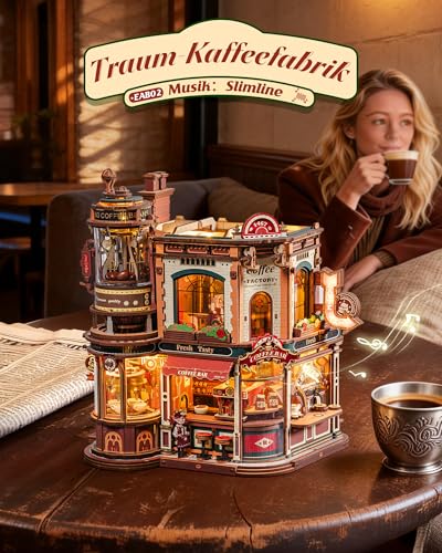 ROKR Dream Coffee Factory EAB02 DIY Miniature Dollhouse Music Box for Adults, Mechanical Coffee Factory Model with Moving Parts, LED Lighting and Jazz Music, Creative Gift