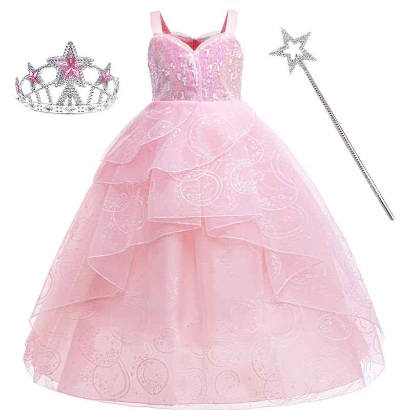 Cnexmin Princess Girl's Costume Dress Princess Costume for Children Girls with Accessories Cosplay Christmas Carnival Halloween Party Birthday Party Evening Dresses Age 4-14 Years, Pink 01, 110