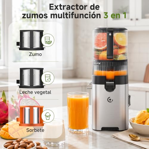 AMZCHEF Juice Extractor, Slow Juicer with XL Opening of 158MM, Capacity of 2.5L, Cold Pressed Blender for Whole Fruits and Vegetables, Stainless Body, Easy Assembly and Cleaning, Silver/Black