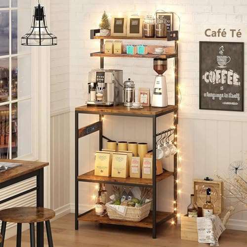 LOKOOY Alacena de Almacenamiento de 5 Niveles, Estante de Cocina con Enchufes y 5 Ganchos，Estante de Microondas, Mueble Multiusos de Cocina, Sala, Oficina，Cafetería