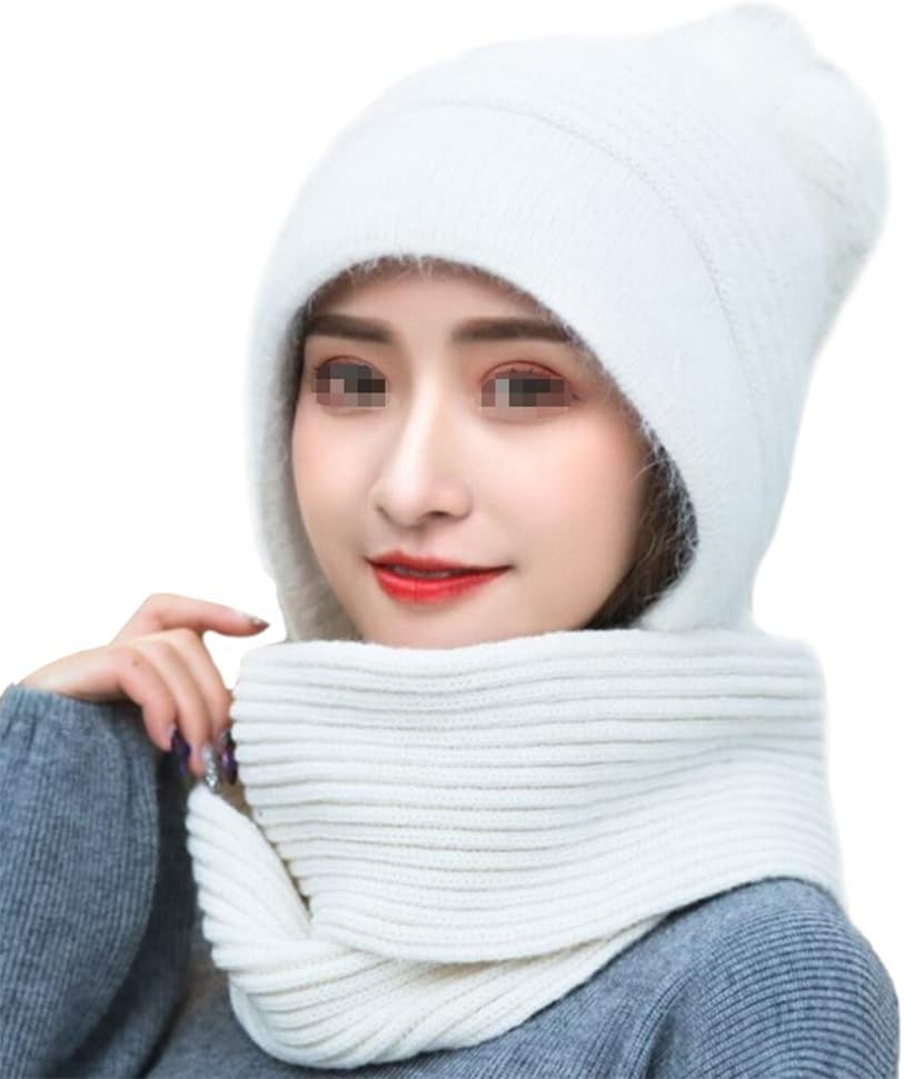 CHIRORO 2 in 1 Women Winter Hooded Scarf Warm Knitted Beanie Hat with Pompom Windproof Soft Neck Warmer for Oudoor Activities,White