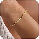 HABIKIP Gold Cross Bracelet for Women, Dainty Gold Plated CZ Cross Jesus Charms Love Knot Bracelets Trendy Thin Pearl Link Paperclip Double Chain Bracelets Christian Baptism Jewelry Christmas Gifts