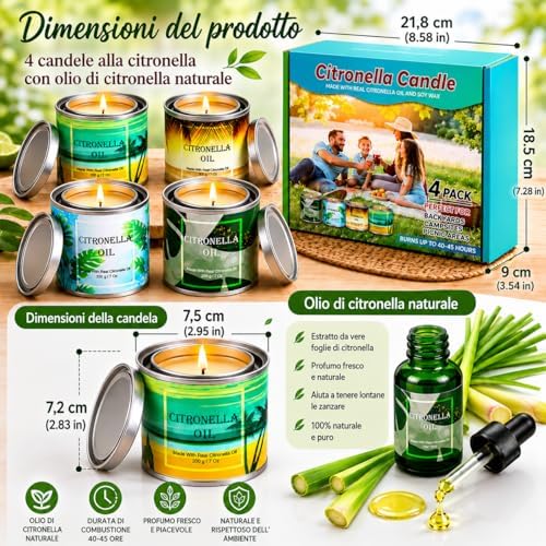 Candele Alla Citronella in Barattoli Set di Candele di Cera per Barbecue all'aperto Viaggi in Campeggio Viaggi Vacanze Patio Interno Giardino Cucina,4 Pezzi