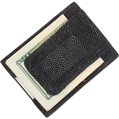 Genuine Stingray Skin Magnetic Money Clip Wallet (3 Card Slots, Black)