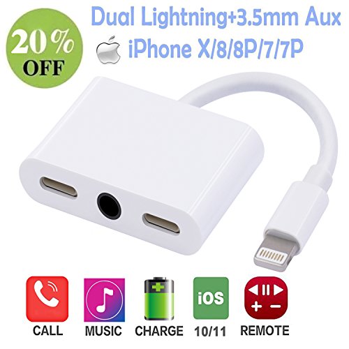 CloudWave B0772Q51VH iPhone 7 Adapter,iPhone 8 headphone adapter【Support iOS 11 and before】Music &amp;Call &amp;Charge Adapter, Dual Lightning+3.5 mm Jack Earphone Splitter for iphone X/8/8 plus/7/7plus/6 by