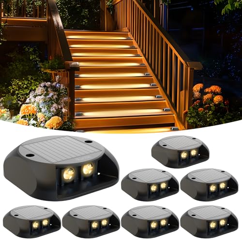 Quntis 8 x Outdoor Solar LED Step Lights Warm White Light 3000 K, Solar Stair Lights IP65 Waterproof, Solar Lamp for Ground Paths Sidewalks Garden Spotlights Solar Steps